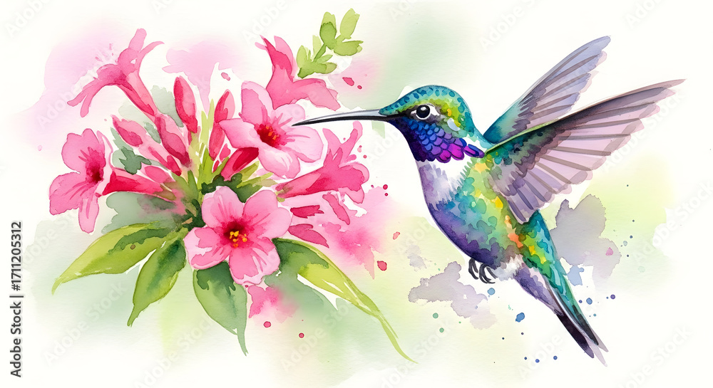Fototapeta premium Vibrant hummingbird sips nectar from delicate pink blossoms in watercolor art