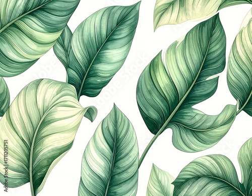 Seamless Pattern of Tropical Leaves in Minimal Hand-Drawn Style