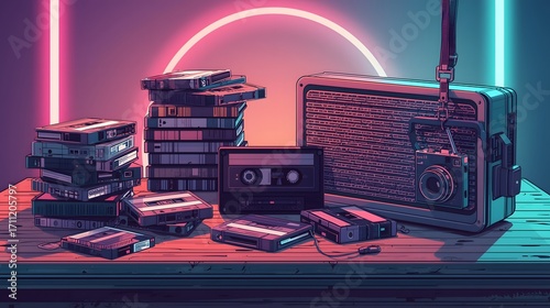 Nostalgic Media Concept in Glowing Neon Retrowave Style