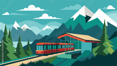 A small train stop in the mountains surrounded by lush forests and offering stunning views of the valleys below.
