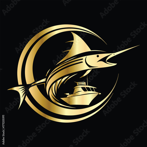 Golden Marlin Fish Logo Design – Luxury Sailfish Vector Emblem for Sport Fishing, Seafood Branding, Ocean Adventure Badge, Premium Fisherman Club Icon, Stylish Golden Logo Illustration.
