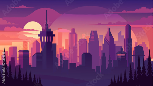 As the day draws to a close the citys skyline transforms into a breathtaking display of nature and architecture a sight to behold at dusk.