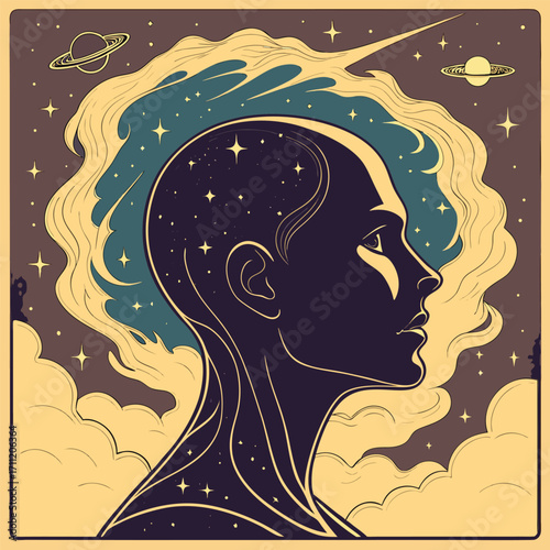 Cosmic Head Silhouette With Saturn And Stars profile