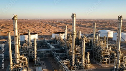 Aerial view of a large oil refinery and gas processing plant in the desert at sunset.