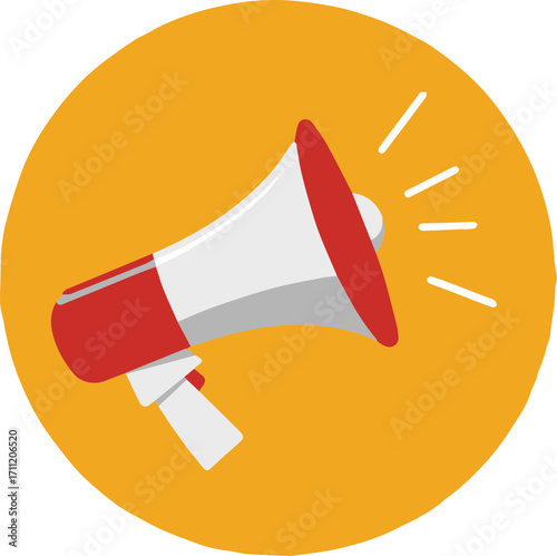 white and red megaphone with sound waves over orange circle background marketing communication vector illustration