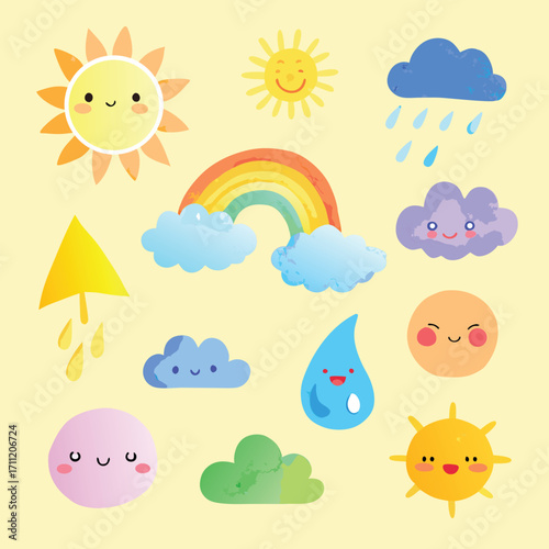 Cute weather icons with smiling faces cloud rainbow