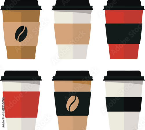 stylish coffee cups vector set with six modern takeaway designs for beverage branding and marketing
