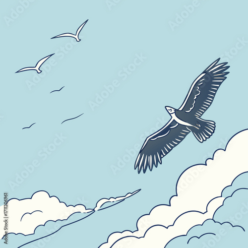 Eagle soaring through a cloudy sky with seagulls bird