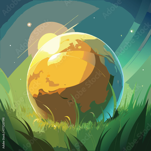 Earth globe in green field with sun and sky planet