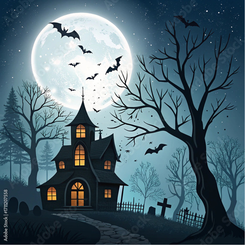 Spooky Halloween Vector Background with Haunted House and Full Moon