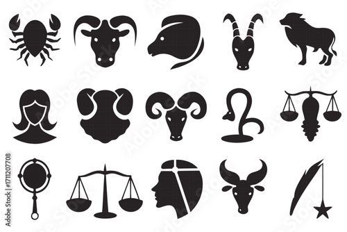 Zodiac signs a collection of astrological symbols representing the twelve signs of the zodiac in a simple black silhouette
