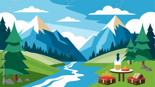 A scenic picnic by a rushing stream with snowcapped peaks and evergreen forests as the backdrop.