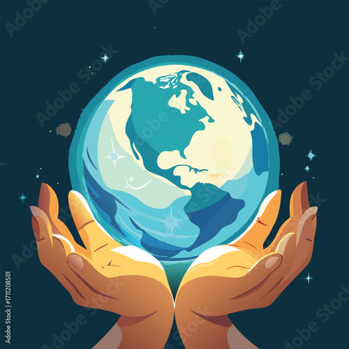 Hands cradle a luminous Earth with blue oceans and green landmasses