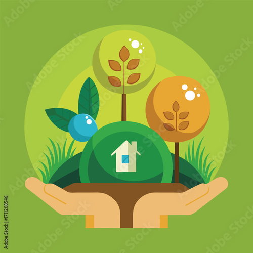Hands holding a green sphere with house and plants