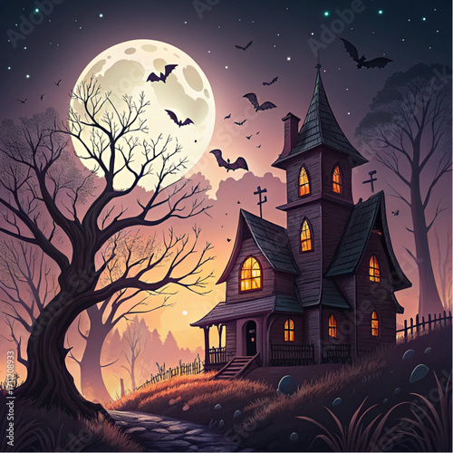 Spooky Halloween Vector Background with Haunted House and Full Moon