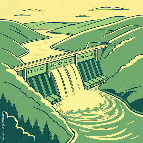 Hydroelectric dam with water cascading down spillways in a green valley