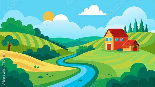 A tranquil countryside scene with rolling hills of green fields a winding creek and a redroofed farmhouse atop a grassy hill.