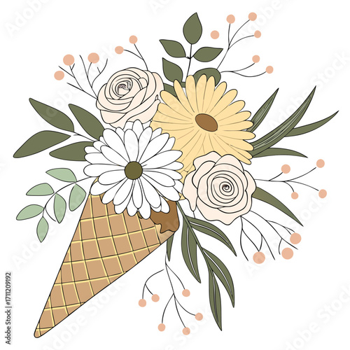 Ice Cream Cone Filled with Flowers and Greenery bouquet