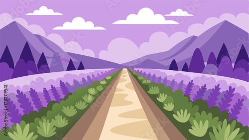 A scenic meadow path lined with delicate lavender and white lavender creating a serene and calming atmosphere.