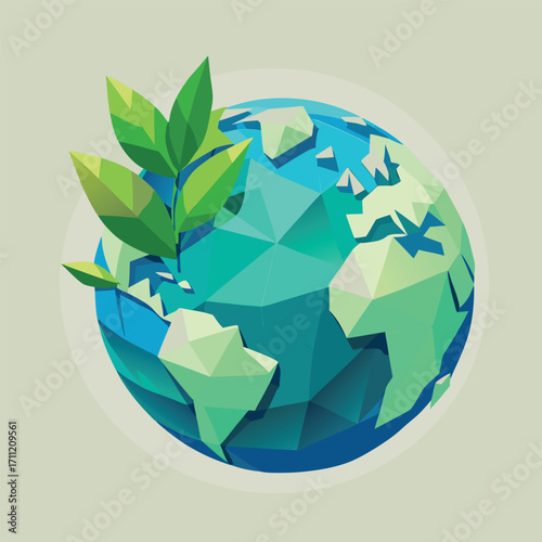 Low poly earth with green leaves and light background