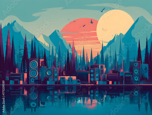 Surreal cityscape composed of giant audio speakers and equipment.