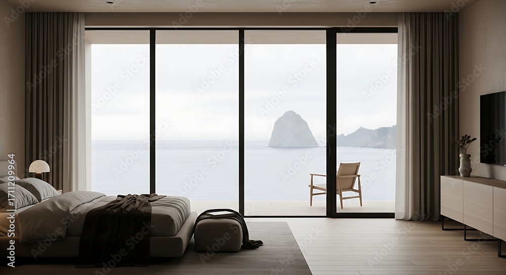 Fototapeta premium Coastal Modern Bedroom with Panoramic Ocean View