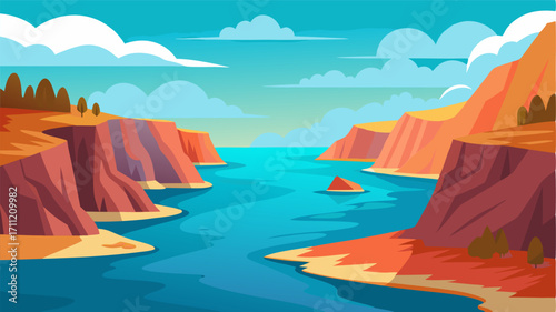 A serene coastal estuary surrounded by vibrant cliffs with the only sound being the gentle lapping of water against the rocky shoreline.