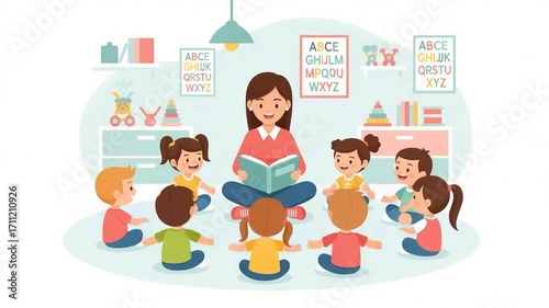 Kindergarten Teacher Reading a Story to Young Children