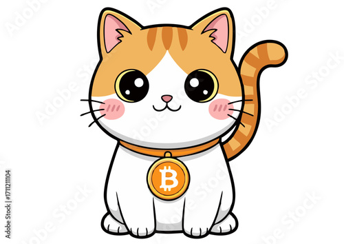 Adorable cartoon kitten illustration with vibrant fur and big, expressive eyes, showcasing a gleaming golden emblem representing modern digital finance and future economic concepts