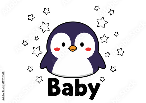 Cute baby penguin illustration with small stars around its head and the word Baby below, perfect for nursery decor, children's books, or any project needing an adorable avian subject