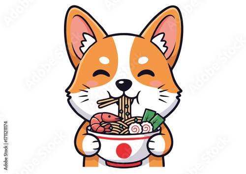 Cute cartoon corgi dog happily eating a bowl of delicious ramen noodles with chopsticks, featuring shrimp, seaweed, and noodles in a heartwarming illustration