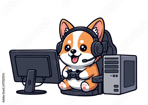 Adorable Corgi Gamer Cute Dog Playing Video Games on PC