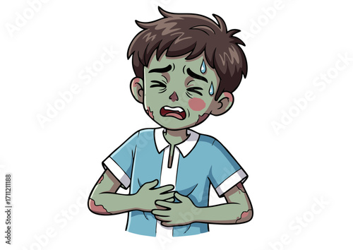 Cartoon depiction of a sick child, emphasizing discomfort and illness with a focus on stomach pain, creating a visual representation of ailment