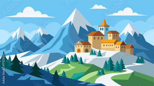 From its vantage point atop a hill this village offers stunning views of the surrounding snowcovered mountains.