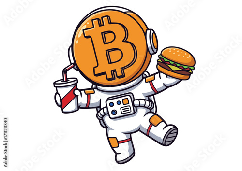 Astronaut Bitcoin Munchies Fun Crypto Illustration with a Burger and Drink for Tech Enthusiasts and Foodies Alike