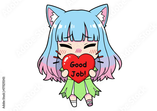 Adorable anime character with blue hair and cat ears, holding a red heart with the message "Good Job!" on a white background, perfect for positive reinforcement and appreciation