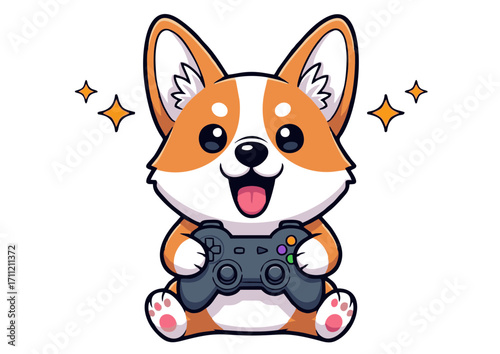 Adorable and joyful corgi puppy enthusiastically playing a video game with a controller, surrounded by sparkling stars, conveying fun and entertainment