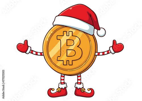 A cheerful digital currency mascot, wearing a vibrant Santa hat and playful elf gloves, celebrates the festive season, embodying modern finance and joyful holiday spirit