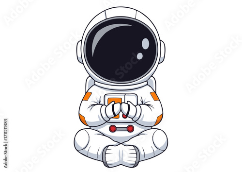 Cute cartoon astronaut character sitting in lotus position for meditation, finding inner peace and tranquility in the vastness of the cosmos. Vector
