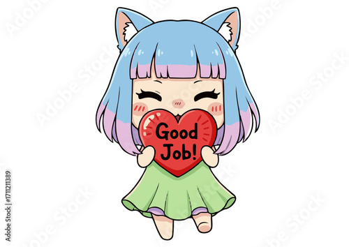 Chibi Cat Girl Holding a Heart Saying "Good Job!" - Adorable Illustration for Encouragement, Achievement, and Positive Reinforcement