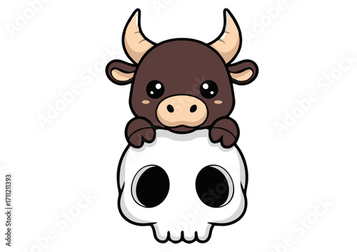 Cute Bull with Skull Cartoon Vector Art, Illustration, Halloween, Death, Animal, Horns, Gothic Style, Mascot Design for T-Shirts and Stickers