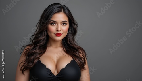 A portrait of a woman with long wavy hair and red lipstick, posed against a soft gray background