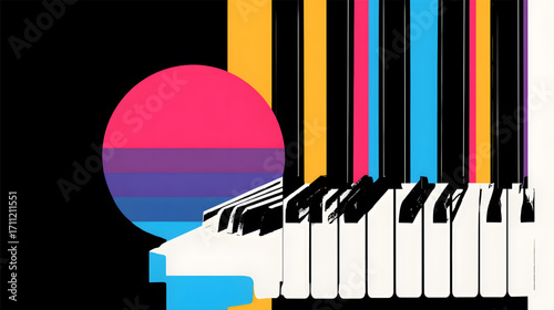 Vibrant piano keyboard with colorful abstract geometric shapes.