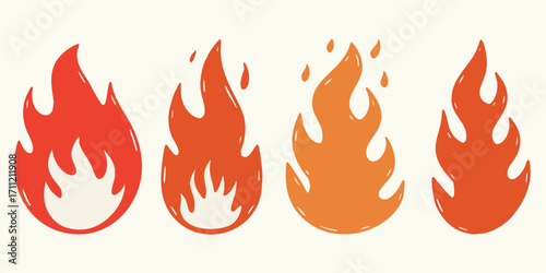 Four stylized cartoon flames in red and orange hues on a cream background