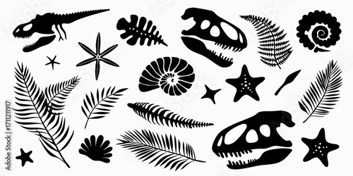 Collection of black silhouette icons representing dinosaur skeletons fossils and prehistoric plants