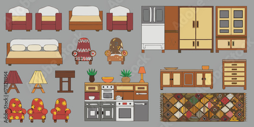 Collection of cartoon style furniture and home decor items arranged on a gray background