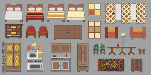 Collection of cartoon style furniture and home decor items arranged on a grey background