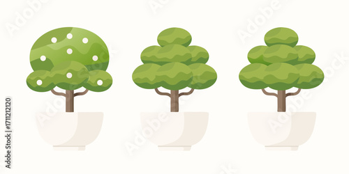 Three stylized potted green trees with different leaf shapes and white dots on a white background