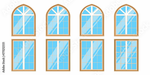 Collection of eight arched and rectangular windows with wooden frames and blue glass panes on a white background