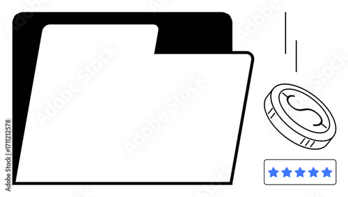 Open folder, coin with dollar sign, five-star rating, and motion lines conveying organization, financial planning, quality evaluation, decision-making, business analytics, digital tools simple flat